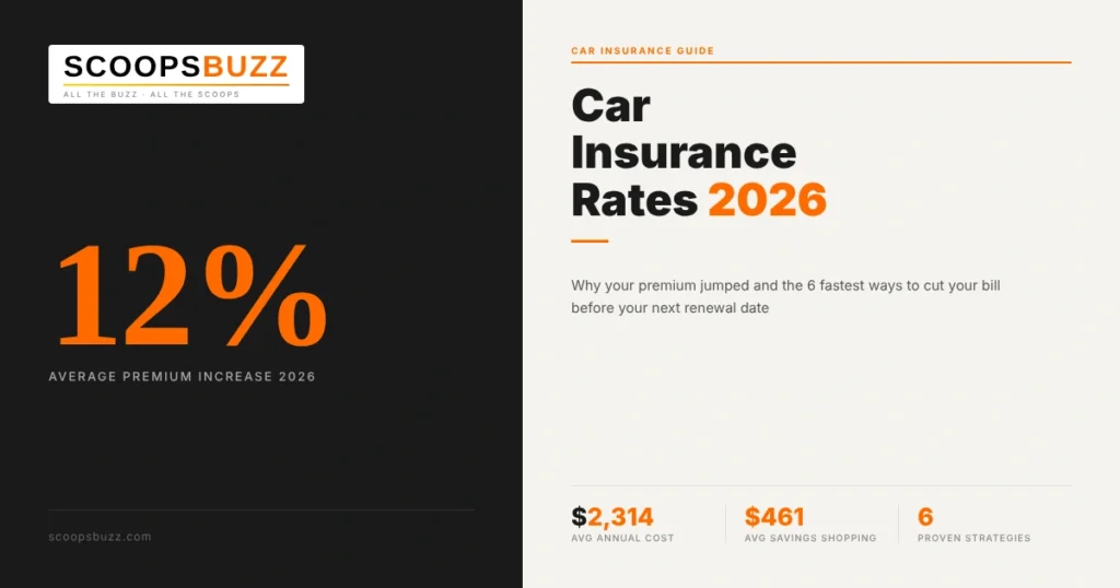 Car insurance rates 2026 infographic showing 12% average premium increase, $2,314 average annual cost, and 6 strategies to save money on auto insurance